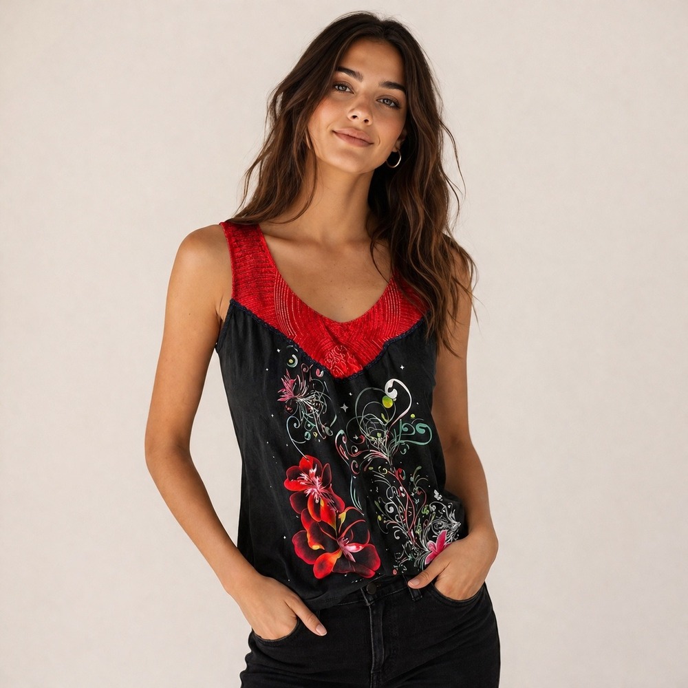 Custo Barcelona Floral Graphic Tank Top Red Velvet Trim Black Size 3 Large